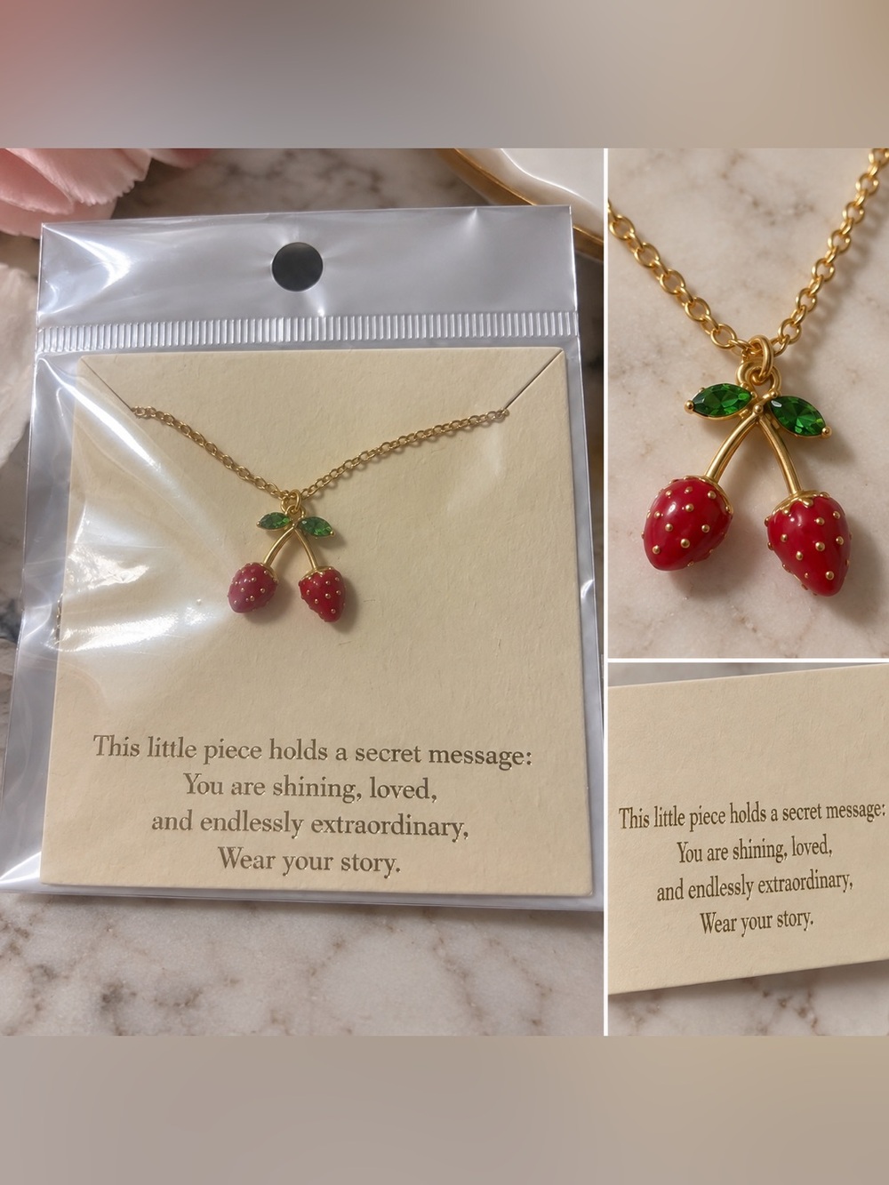 (#17) π Gold Tone Cherry Pendant Necklace β NEW π - Picture 2 of 3